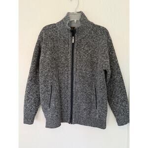 Men's White Black Fleece Lined Warm Heavy Winter Zip Up Sweater Size Large